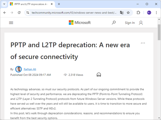 微软在Windows Server中弃用PPTP和L2TP VPN协议